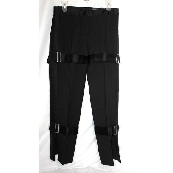 ALEXANDER McQUEEN IT 40 Black Wool Silk Buckle Strap Pants Satin Seam Italy 28x2